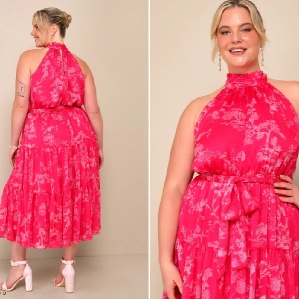LULU's Floral Sexy Flowy Chic Halter Neck Modern Hot Pink Midi Dress NWOT - Picture 5 of 6